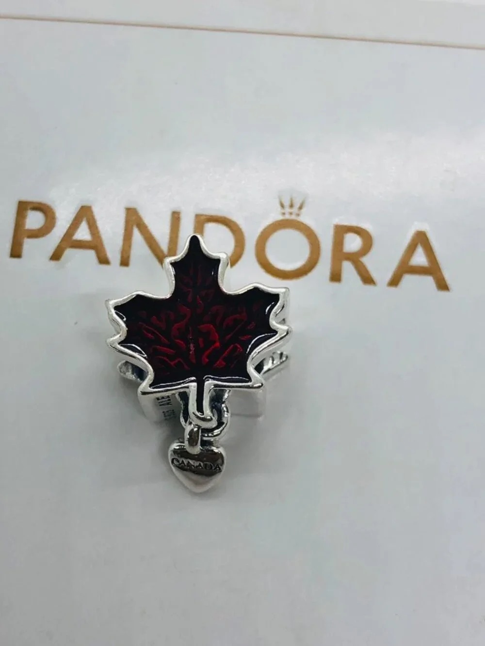 Pandora Silver Maple Leaf Charm with Dark Red Enamel